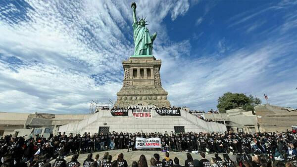 protest at the Statue of Liberty