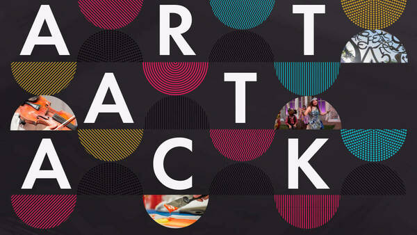 Logo for Art Attack in white on deep purple background with half-circle multi-colored accents.