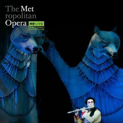 A flutist performing with two big foxes in the background and "The Metropolitan Opera HD Live" logo