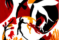 abstract illustration in red, black, white, and yellow of figures in a ring and doves