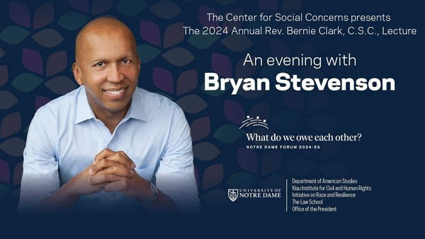 Photo of Bryan Stevenson on blue background with colorful petal pattern