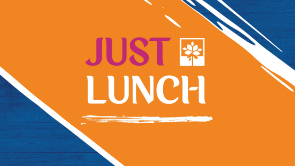 Just Lunch text on blue and orange background