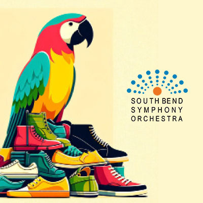 A graphic of a parrot standing on a pile of sneakers with the "South Bend Symphony Orchestra" logo.