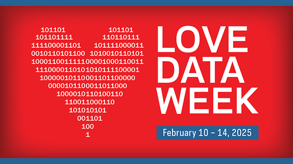 A heart formed from ones and zeroes and the headline Love Data Week, February 10-14, 2025.