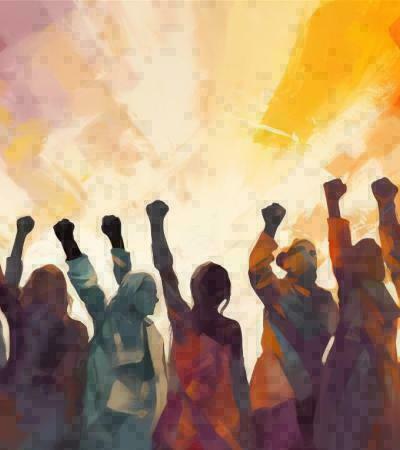 painting of people with raised fists