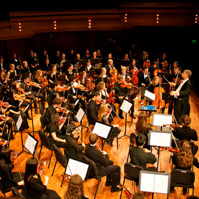 Conductor leads a symphony