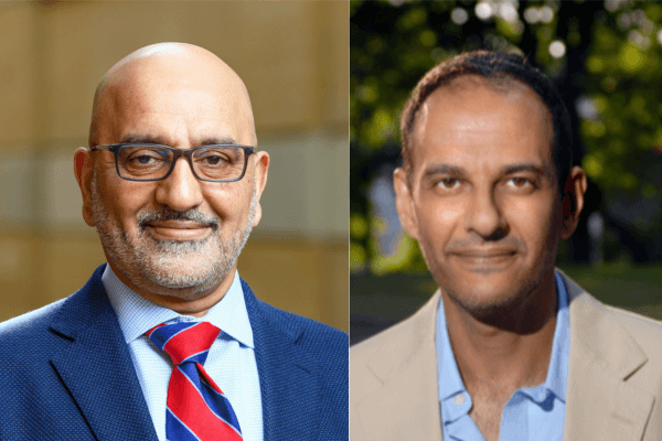 Headshot portraits of two men. The man on the left wears glasses, a navy blue suit jacket, and a red and blue striped tie. The man on the right wears a light tan blazer and a light blue collared shirt. Both men have short dark hair, slight smiles, and medium-toned skin.