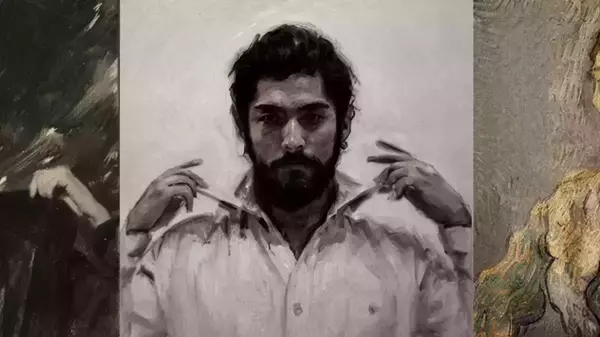 Oil painting of a bearded man with dark hair, wearing a white shirt, gazing forward while holding his collar. Visible brushstrokes create a textured, muted-tone portrait.