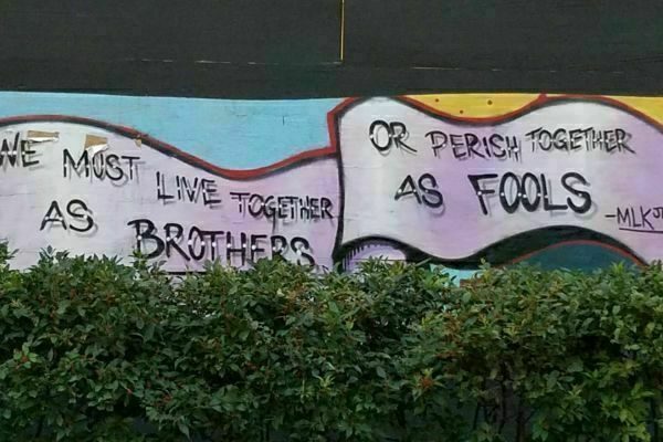 Mural displays "WE MUST LIVE TOGETHER AS BROTHERS OR PERISH TOGETHER AS FOOLS -MLK JR." The wall has a light blue top and light purple bottom, divided by a red wavy line. A green bush with red berries sits in front.
