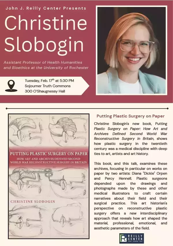 Flyer for Christine Slobogin, Assistant Professor. Blonde woman in glasses, smiling in a light blue blazer, beside her book cover: "Putting Plastic Surgery on Paper" depicting historical surgical drawings. Event at O'Shaughnessy Hall.