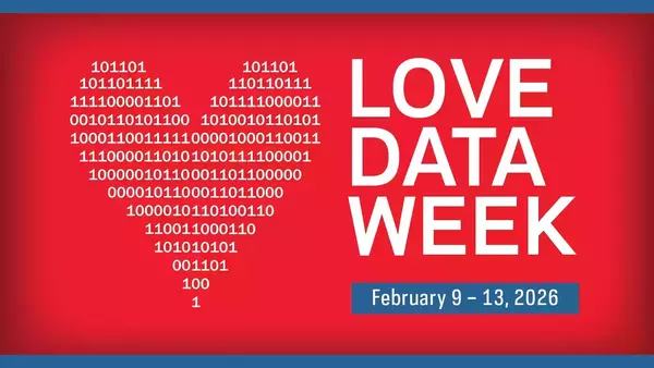 Love Data Week graphic with a heart made from white ones and zeros and text "Love Data Week February 9-13, 2026" on a red background.