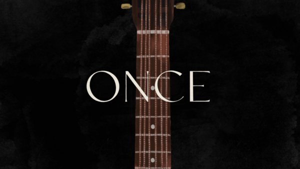 Close-up of a guitar neck and fretboard against a dark background with the word "ONCE" superimposed.