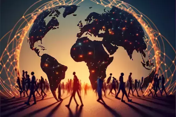 Dark Earth silhouette glows with city lights and an orange global network. Many silhouetted people walk forward below, cast against a bright orange and blue sky.