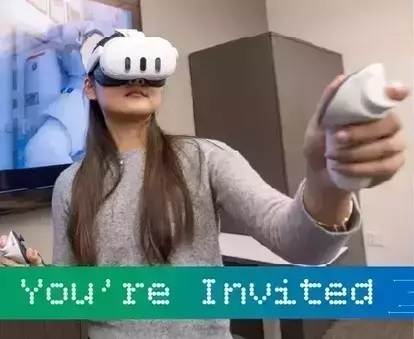 A person with long brown hair wears a white VR headset and holds motion controllers with a large monitor displaying a virtual environment behind her. A teal and blue gradient banner across the bottom reads "You're Invited" in a white, digital-style dot-matrix font.