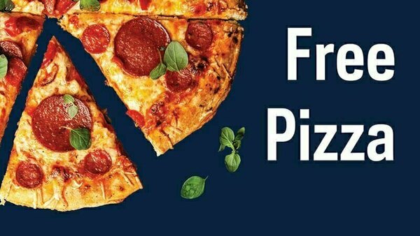 image of pizza slices on a navy blue background with the words "Free Pizza" in bold white font