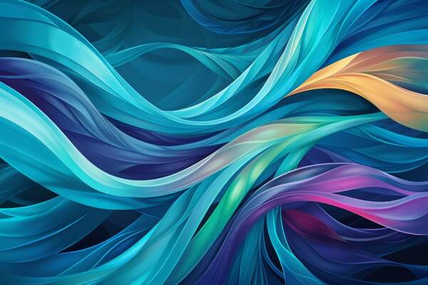 Flowing abstract ribbons in shades of blue, teal, green, purple, and gold, overlapping to create a wave-like pattern.