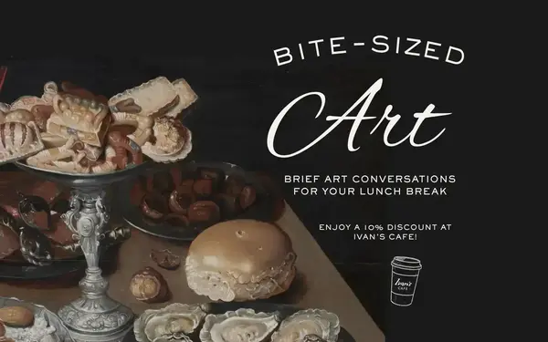 Ornate cookies in a silver pedestal bowl, a plate of dark fruits, a large pastry, and fresh oysters in a still life painting.