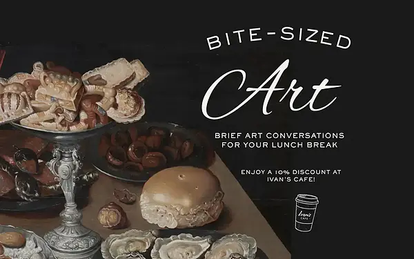 Ornate cookies in a silver pedestal bowl, a plate of dark fruits, a large pastry, and fresh oysters in a still life painting.